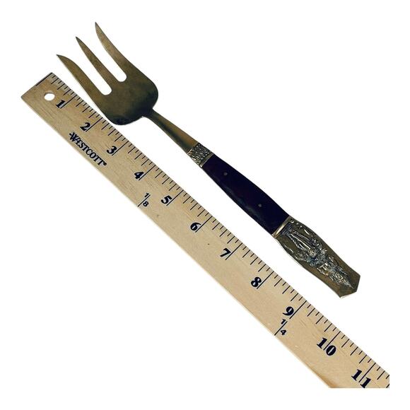 VTG Nickel Bronze Wood Meat SERVING FORK LG 10" Ornate Design Made Thailand - Picture 5 of 6